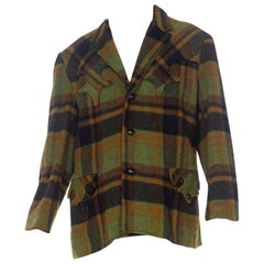 1960S Green Plaid Wool Men's Western Coat  XL