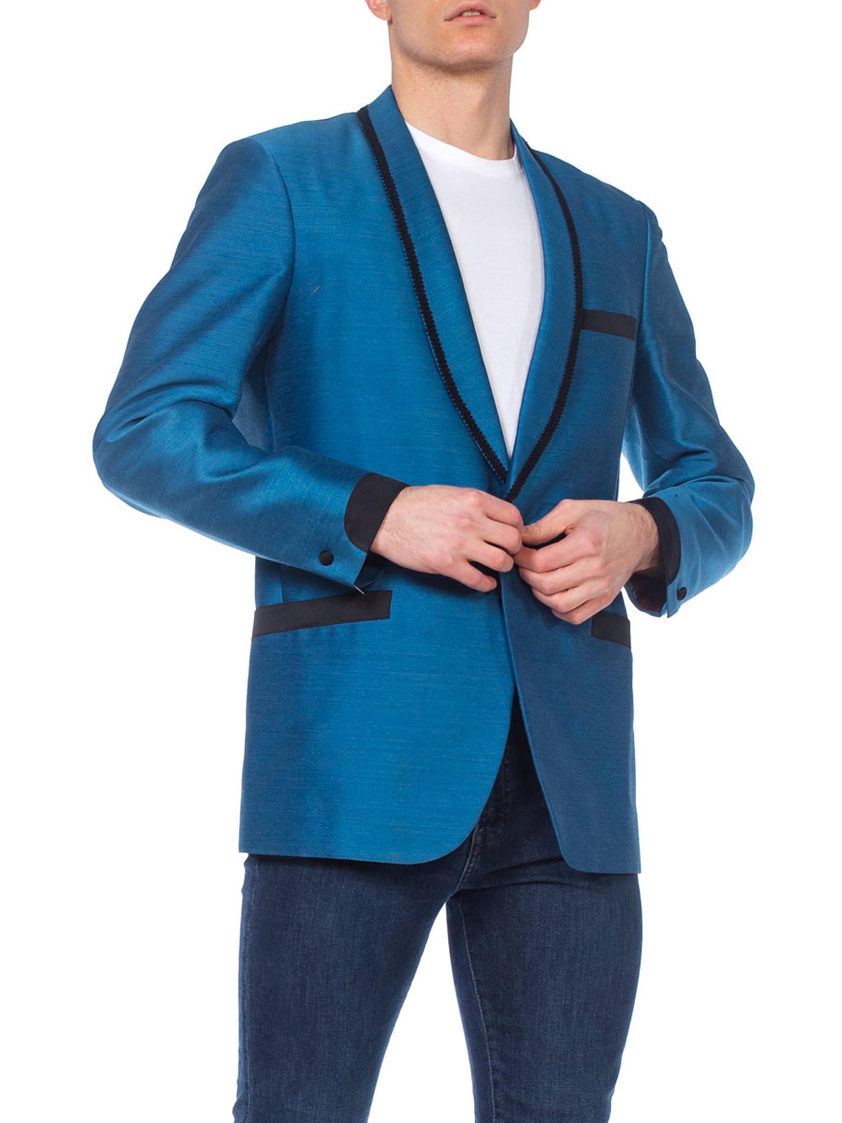 Men's Mens 1950's 1960's Rat Pack YSL Style Shark Skin Blue Tuxedo Jacket