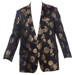1960'S Black & Gold Silk Jaquard Floral Men's Bespoke Dinner Tuxedo Jacket XL