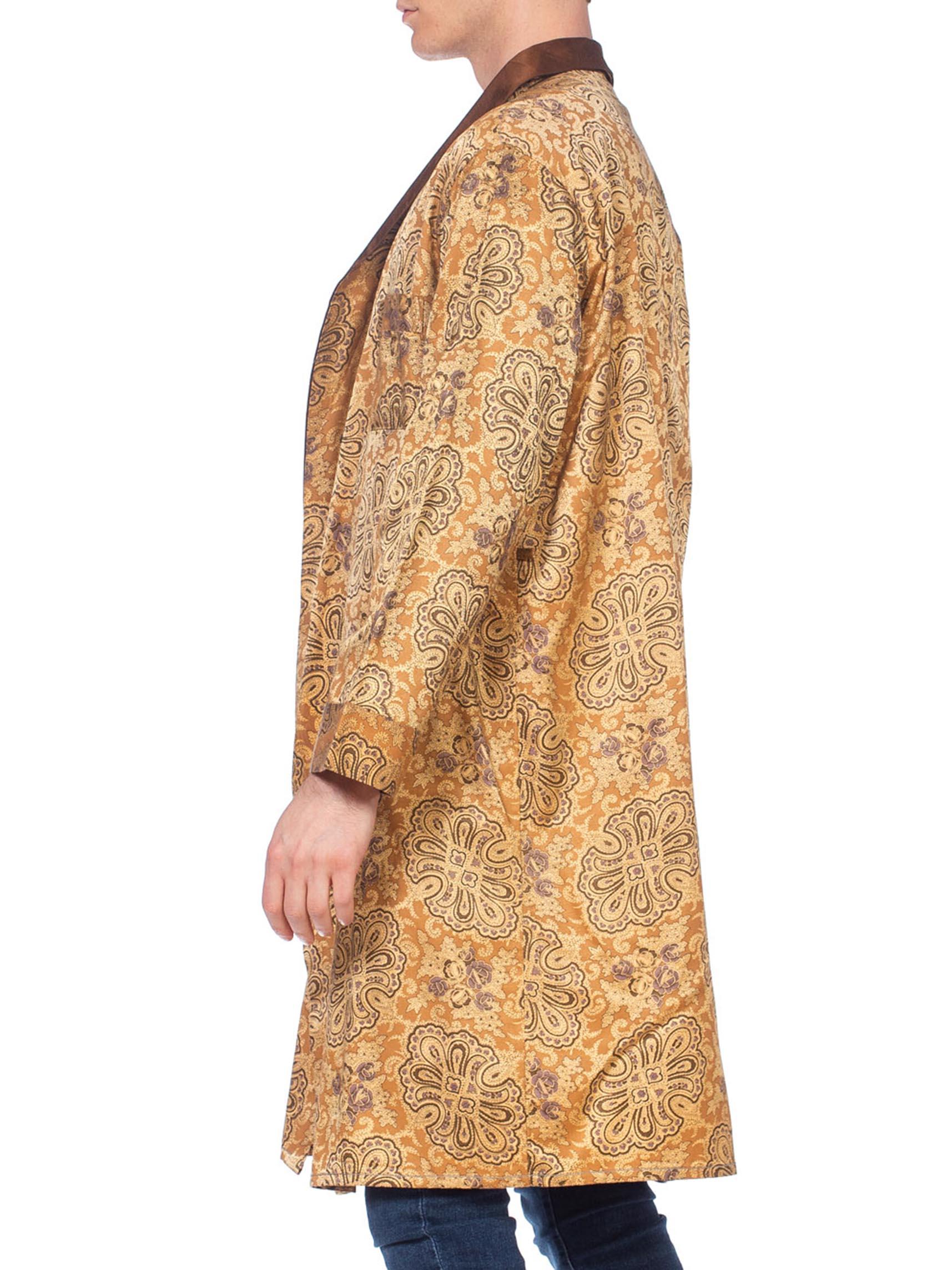 Brown Mens 1960's Satin Flanel Gold Paisley Robe with Belt