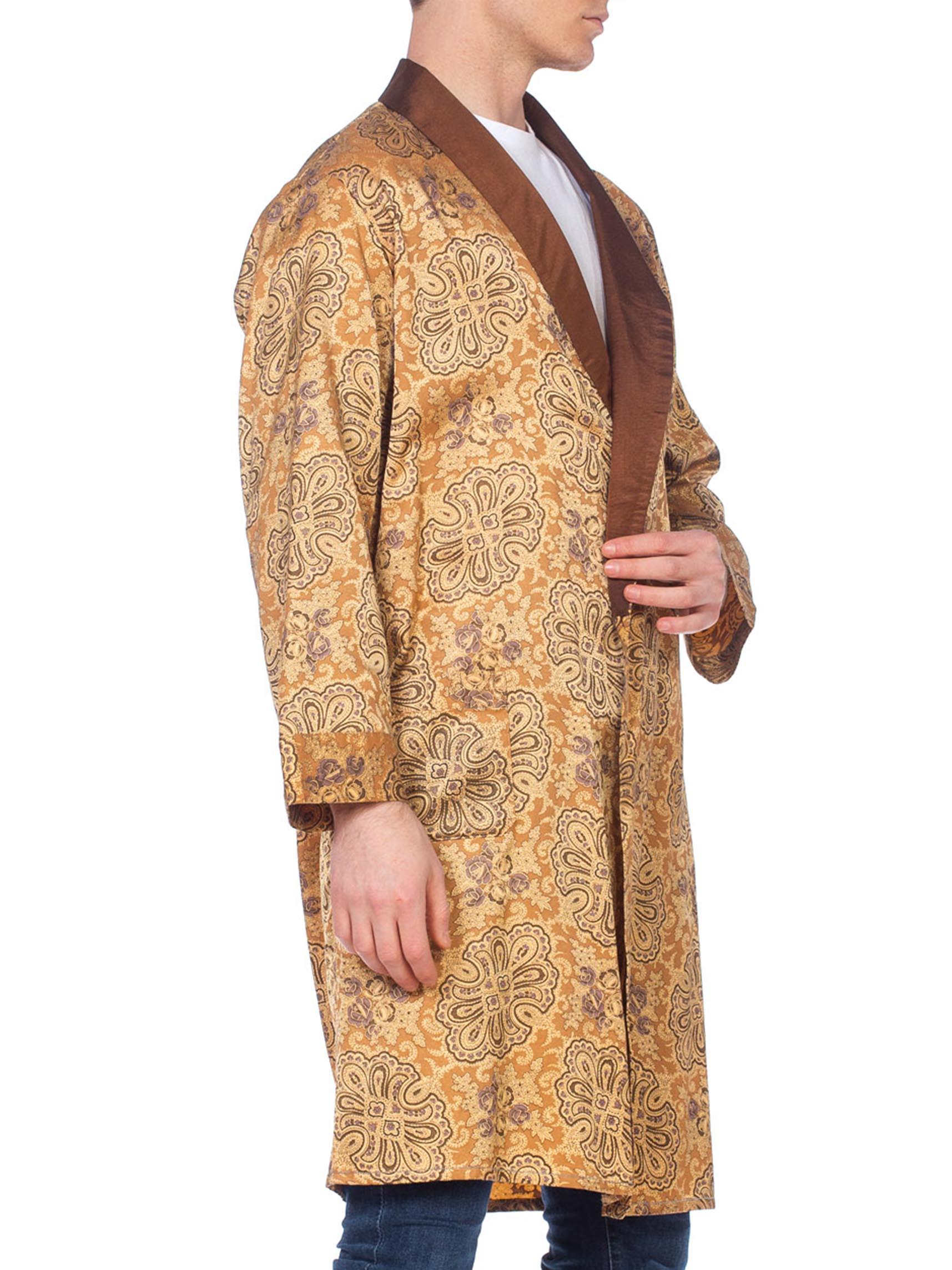 Men's Mens 1960's Satin Flanel Gold Paisley Robe with Belt
