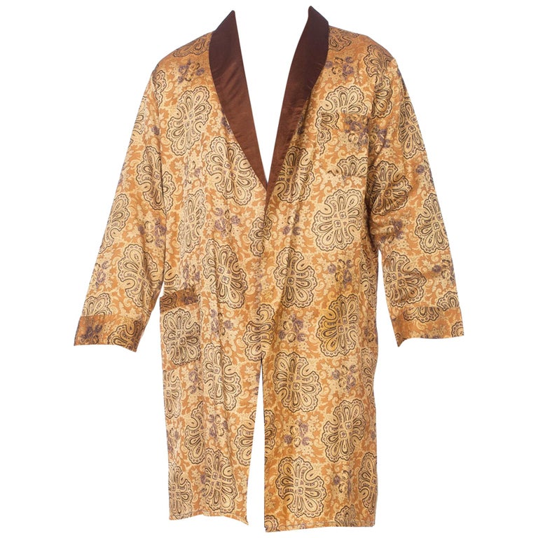 Mens 1960's Satin Flanel Gold Paisley Robe with Belt at 1stdibs