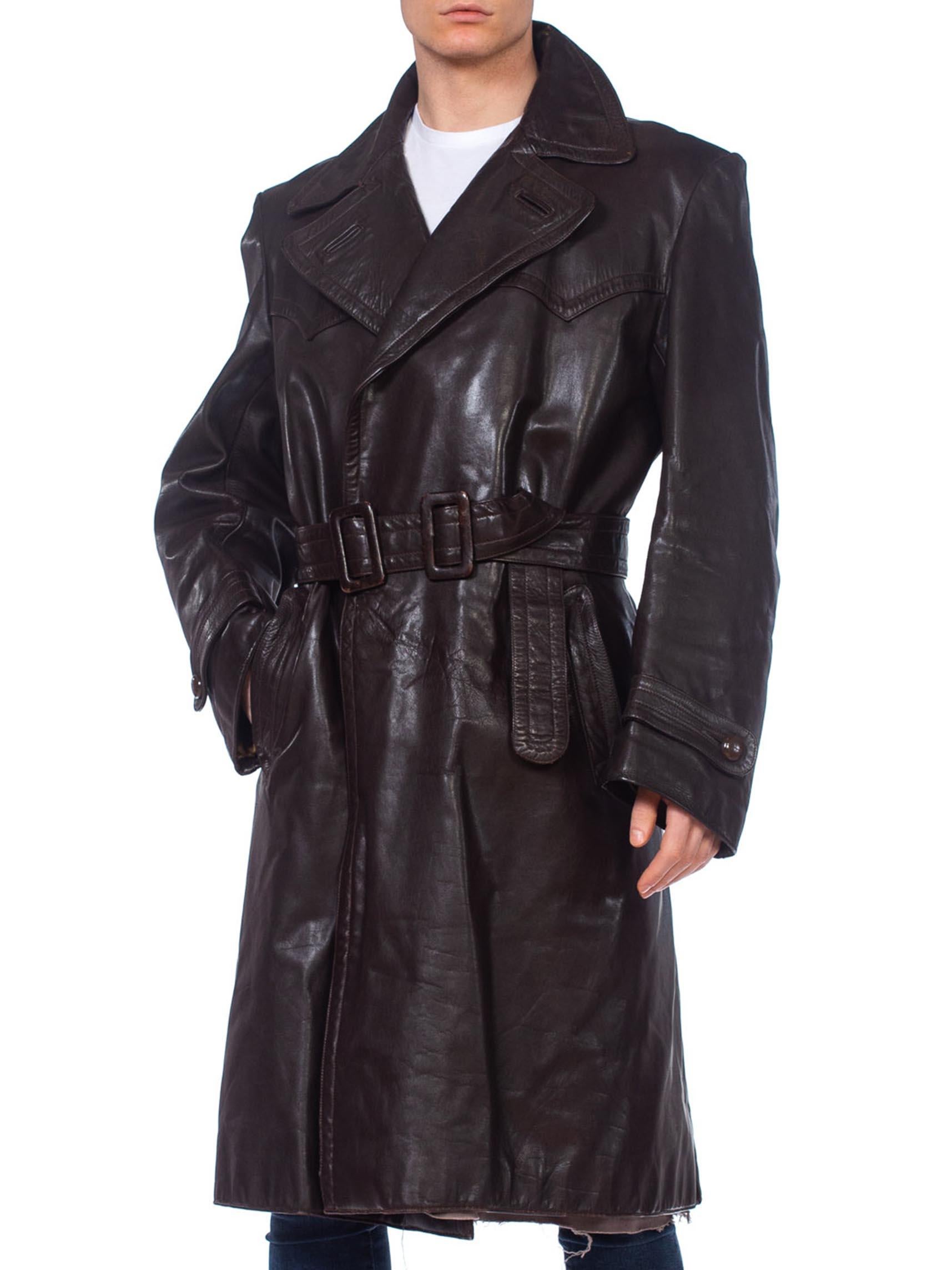 Black Mens 1970's German Military Brown Leather Trench Coat