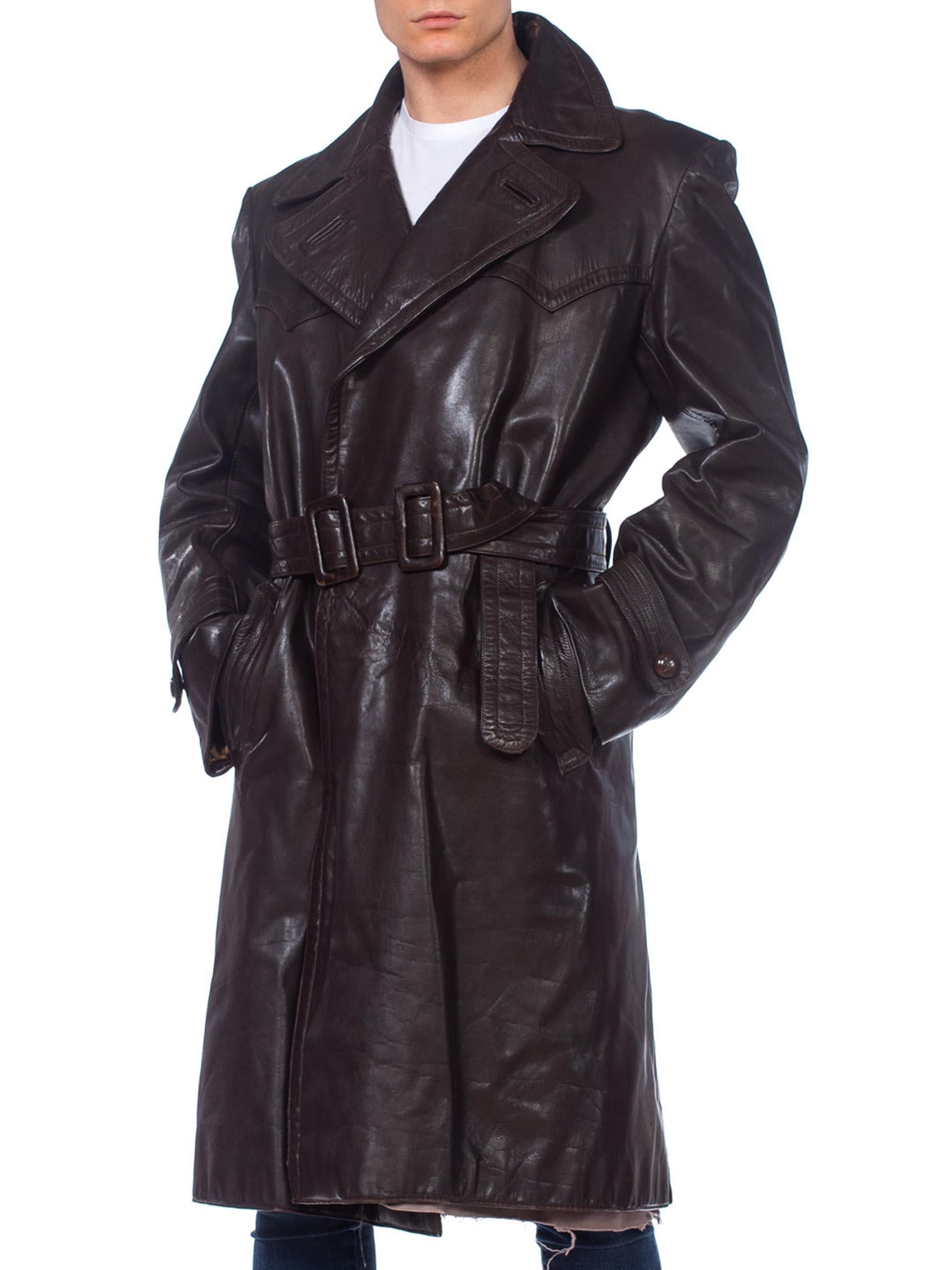 Mens 1970's German Military Brown Leather Trench Coat 1