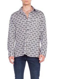 1970'S Black & White Printed Men's Large Stretchy Polyester Disco Shirt