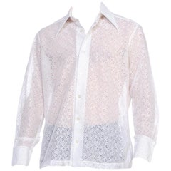 Vintage 1970'S White Polyester Men's Floral Lace Disco Shirt