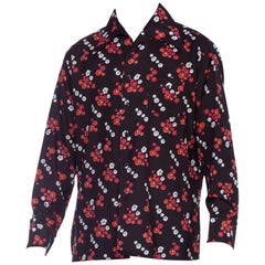 1970'S Black & Red Polyester Men's Floral Print Disco Shirt Rare XL