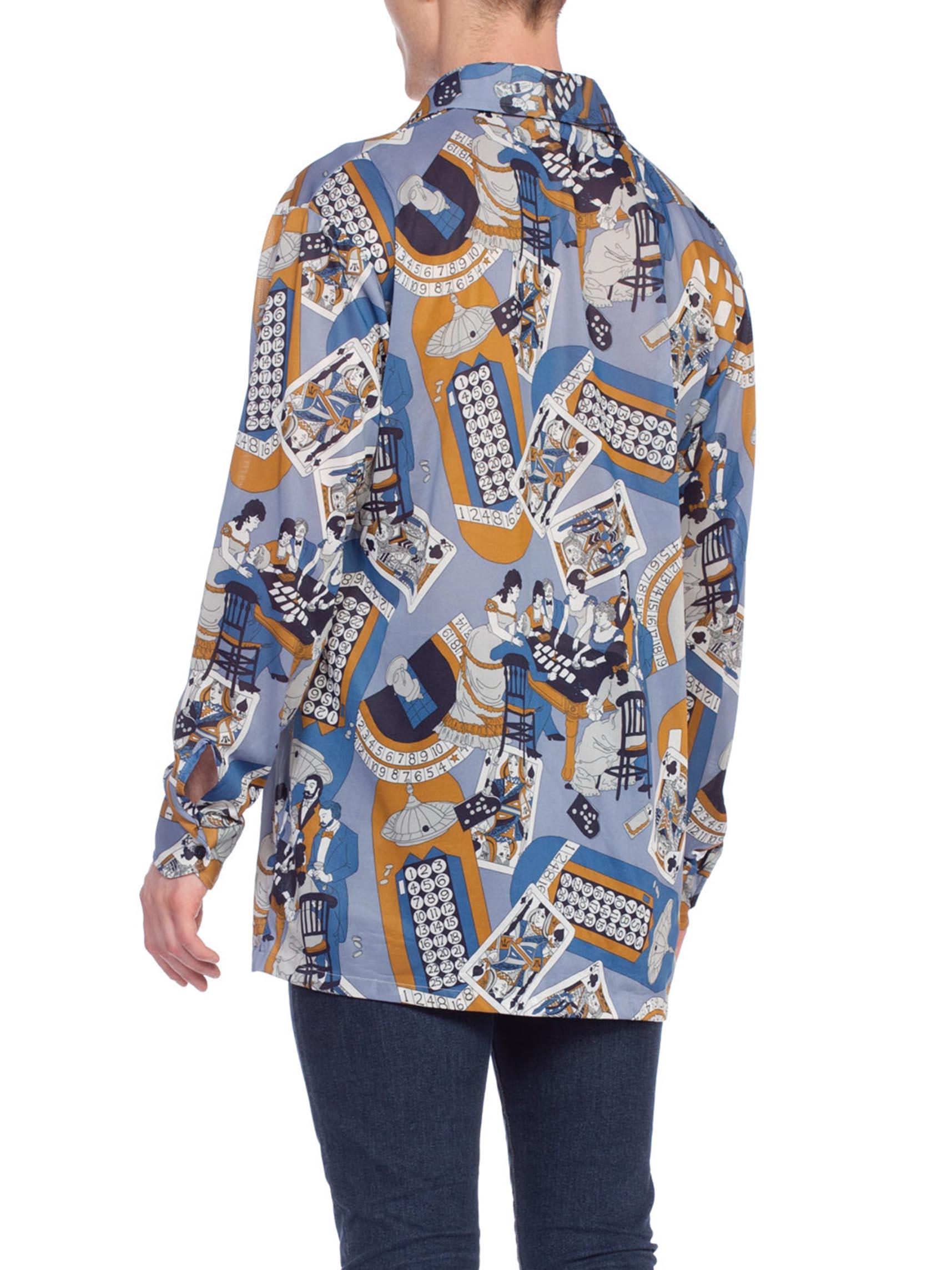 Gray 1970'S Polyester Men's Victorian Gambler Poker Print Disco Shirt Rare XL