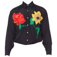 Men's 1990s Black Rayon Top With Large Gucci Style Flower Ribbon Work