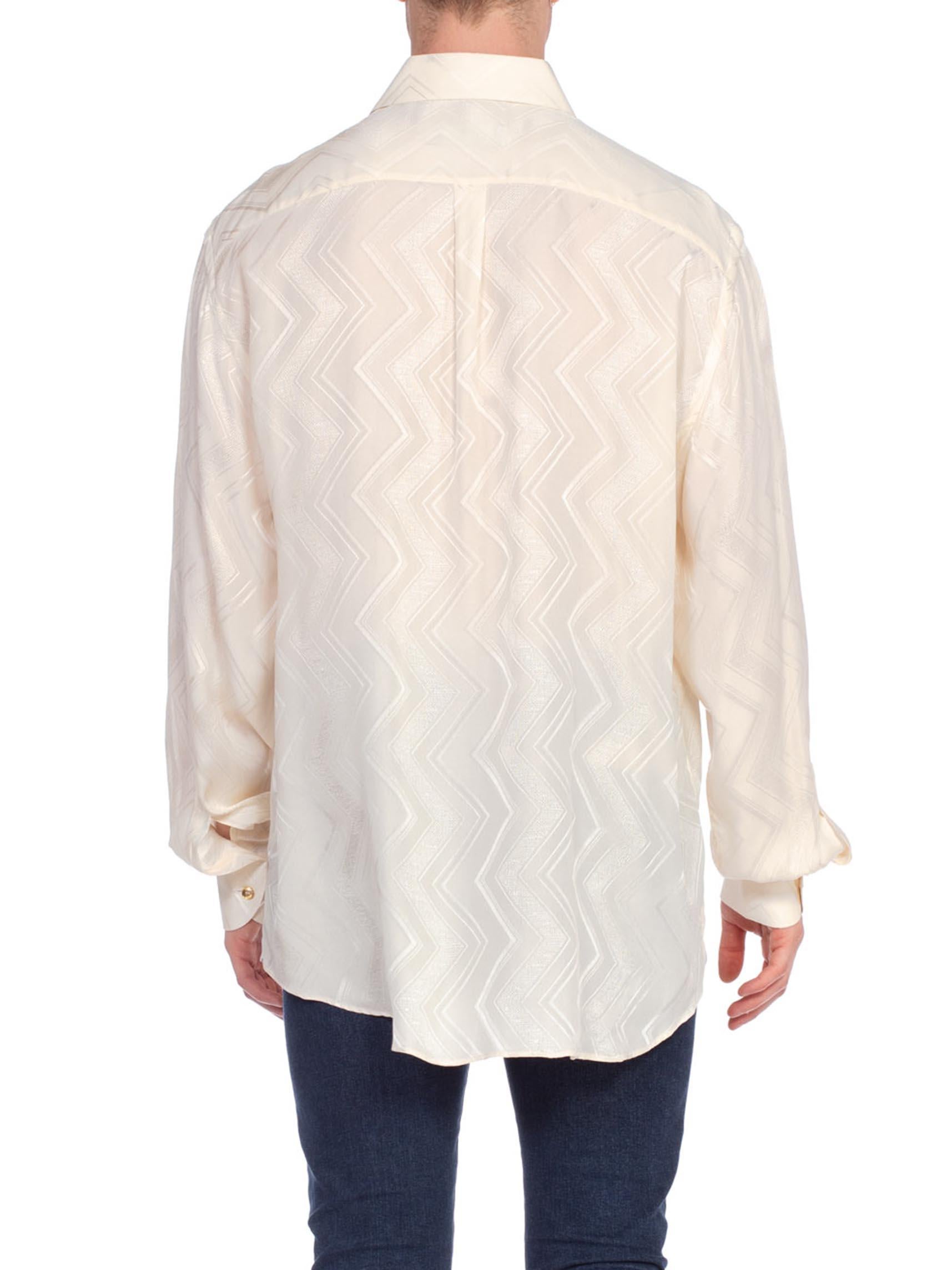 1970'S Cream Silk Jacquard Men's Disco Shirt From Beverly Hills, Made In Italy 5