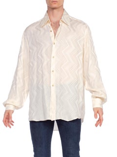 1970'S Cream Silk Jacquard Men's Disco Shirt From Beverly Hills, Made In Italy