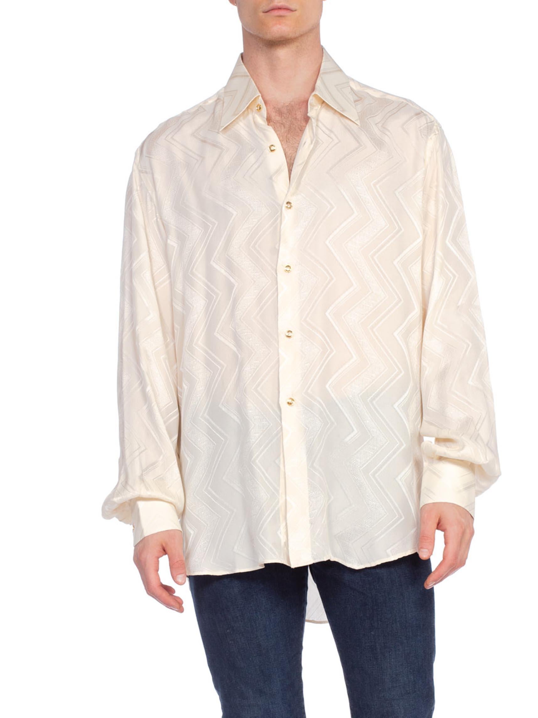 1970'S Cream Silk Jacquard Men's Disco Shirt From Beverly Hills, Made In Italy 2