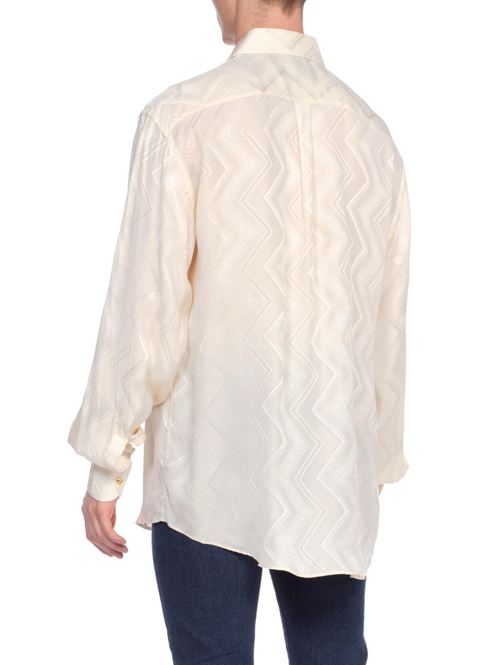 1970'S Cream Silk Jacquard Men's Disco Shirt From Beverly Hills, Made In Italy 4
