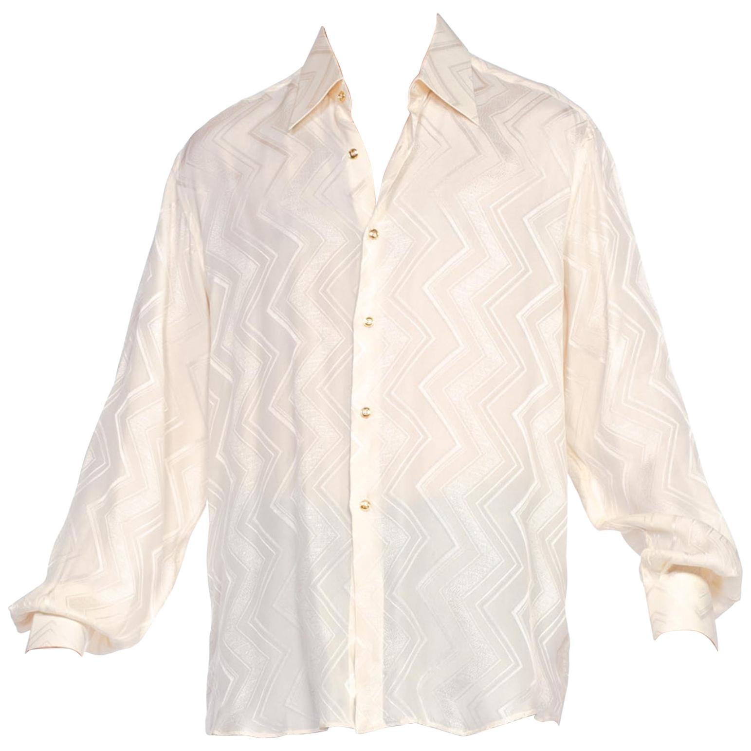1970'S Cream Silk Jacquard Men's Disco Shirt From Beverly Hills, Made In Italy