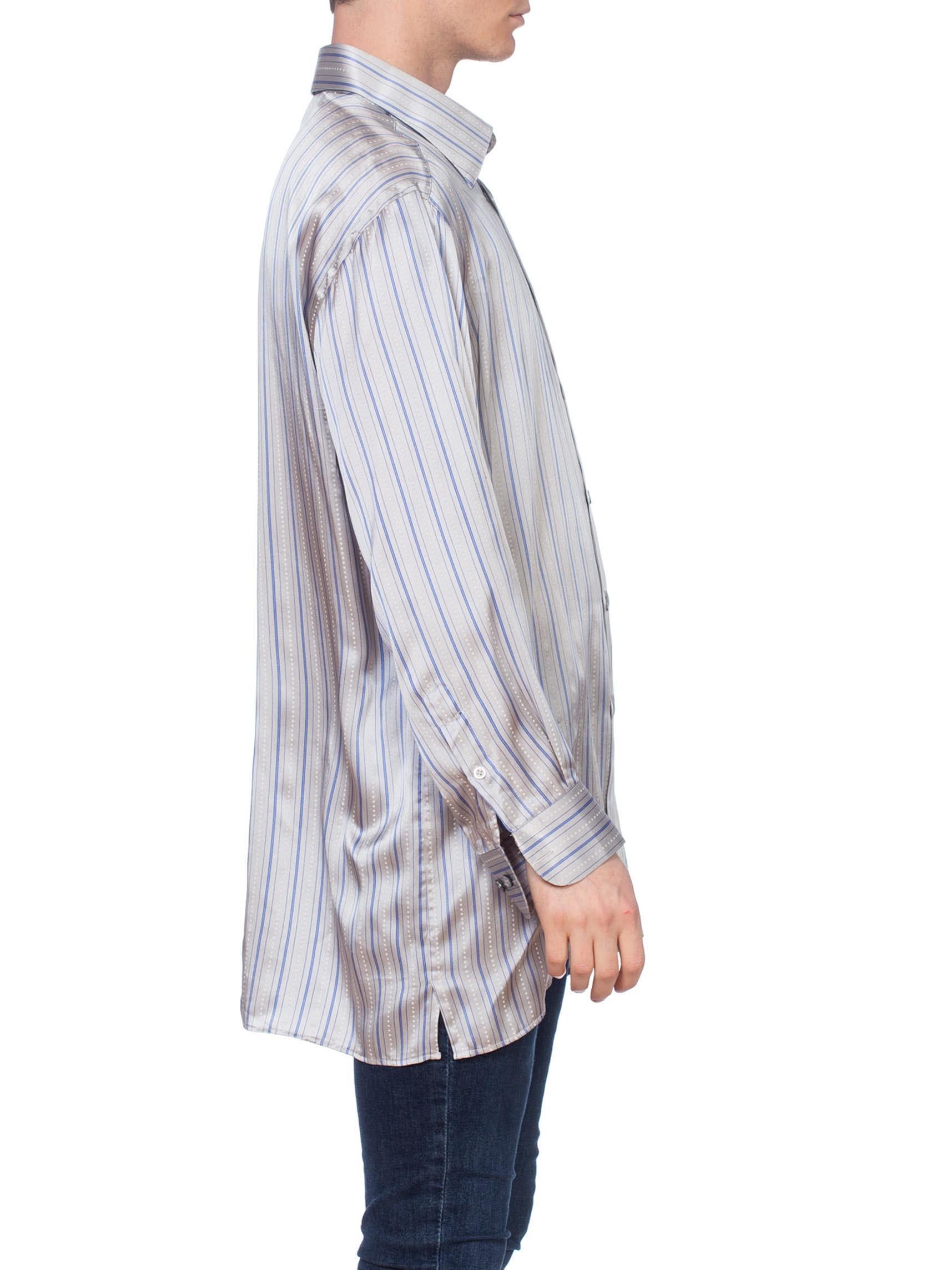 Gray 1990'S Grey Silk Satin Men's Stripe Shirt