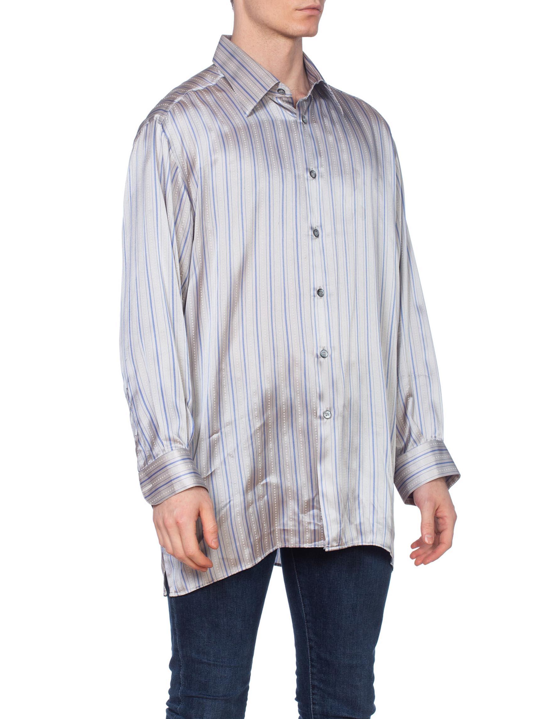 1990'S Grey Silk Satin Men's Stripe Shirt In Excellent Condition In New York, NY