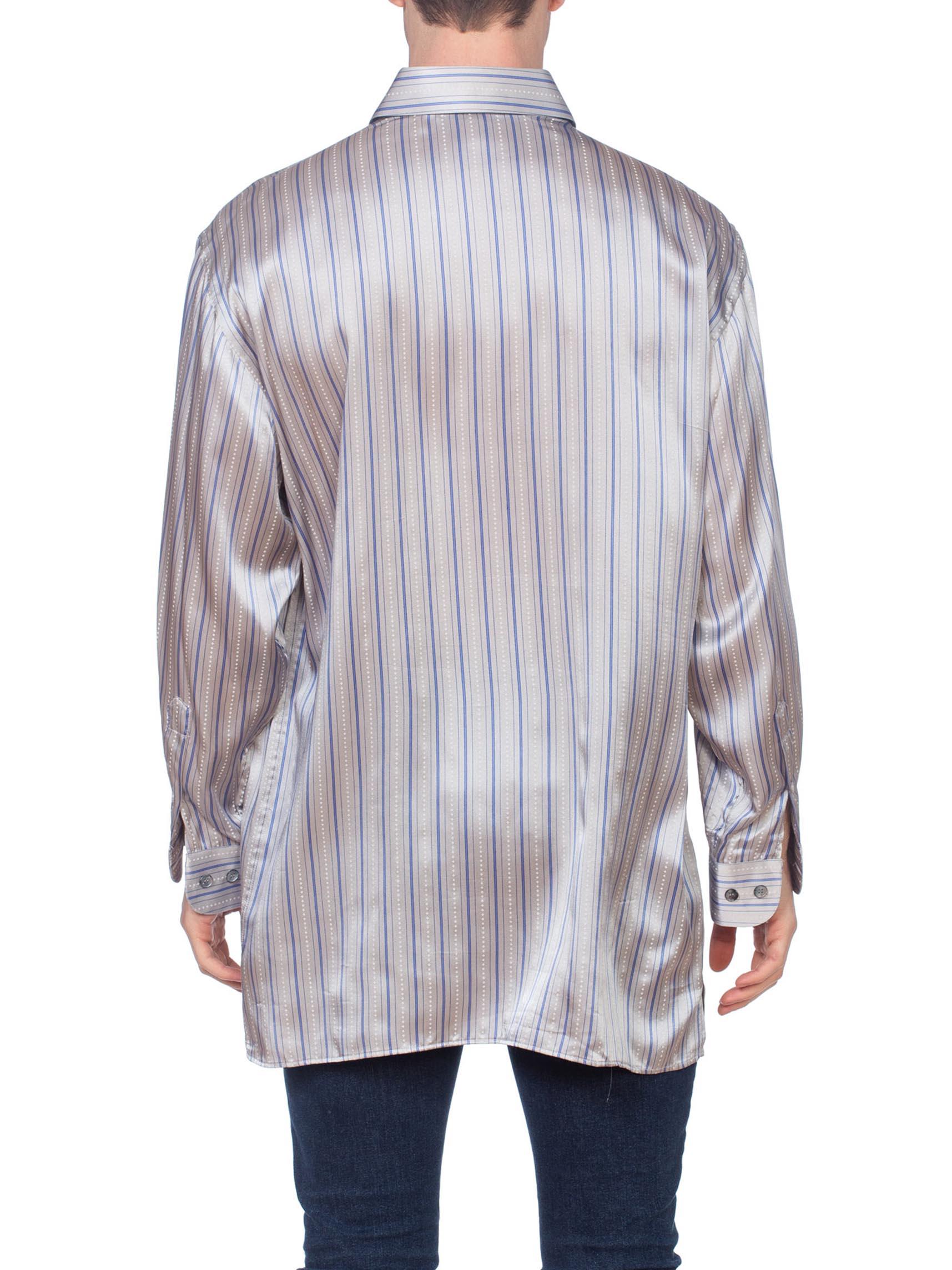1990'S Grey Silk Satin Men's Stripe Shirt 1