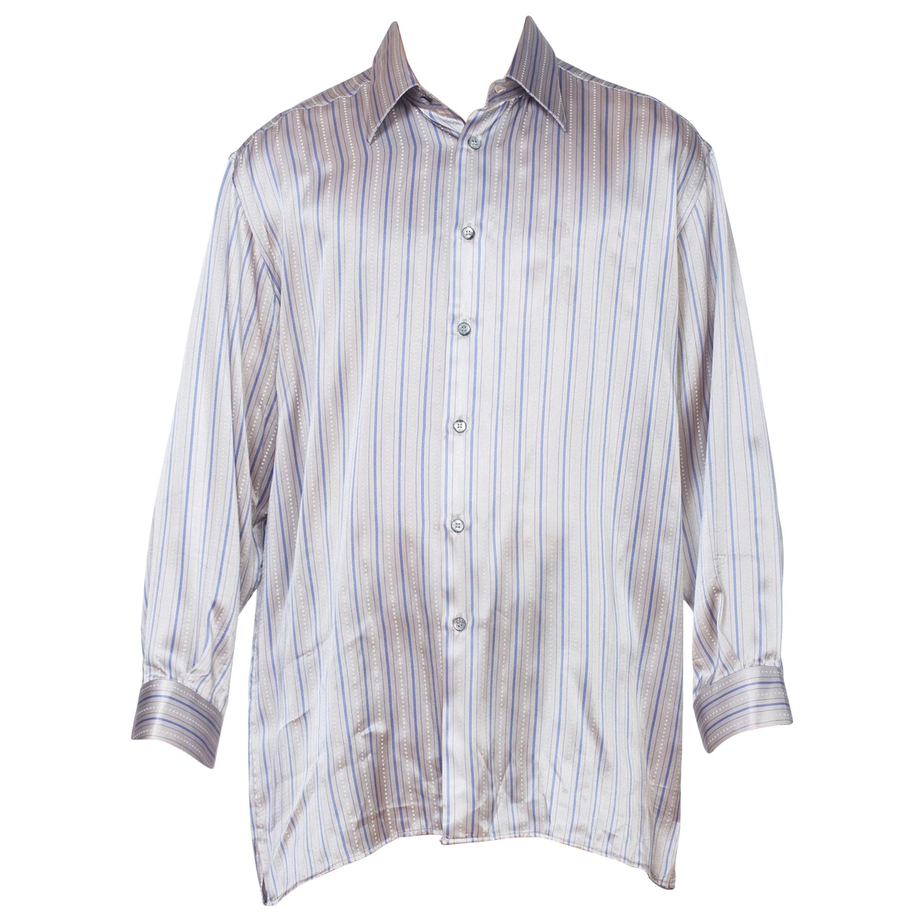 1990'S Grey Silk Satin Men's Stripe Shirt