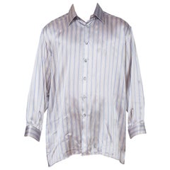 Vintage 1990'S Grey Silk Satin Men's Stripe Shirt