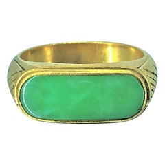 Retro Men's 24 Karat Gold and Jade Saddle Ring