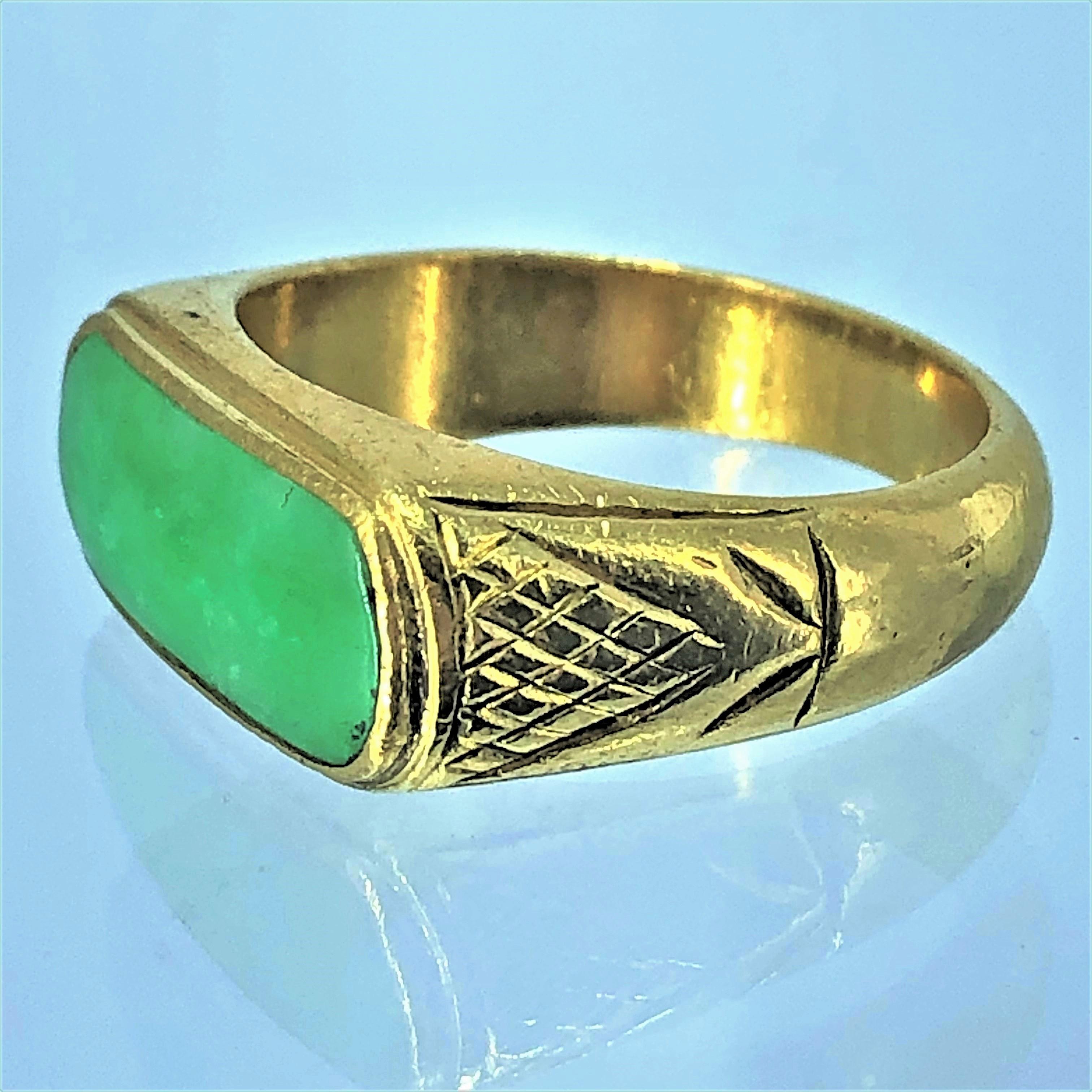 This traditional gentleman's ring is made from pure gold, 24K, marked 9999  and is
set with one elongated, capsule shaped, apple jade cabochon.  The ring measure
13/16 inch (21mm)  long by just under 3/8 inch (9.5mm) wide. Gross weight 11.3grams. 
