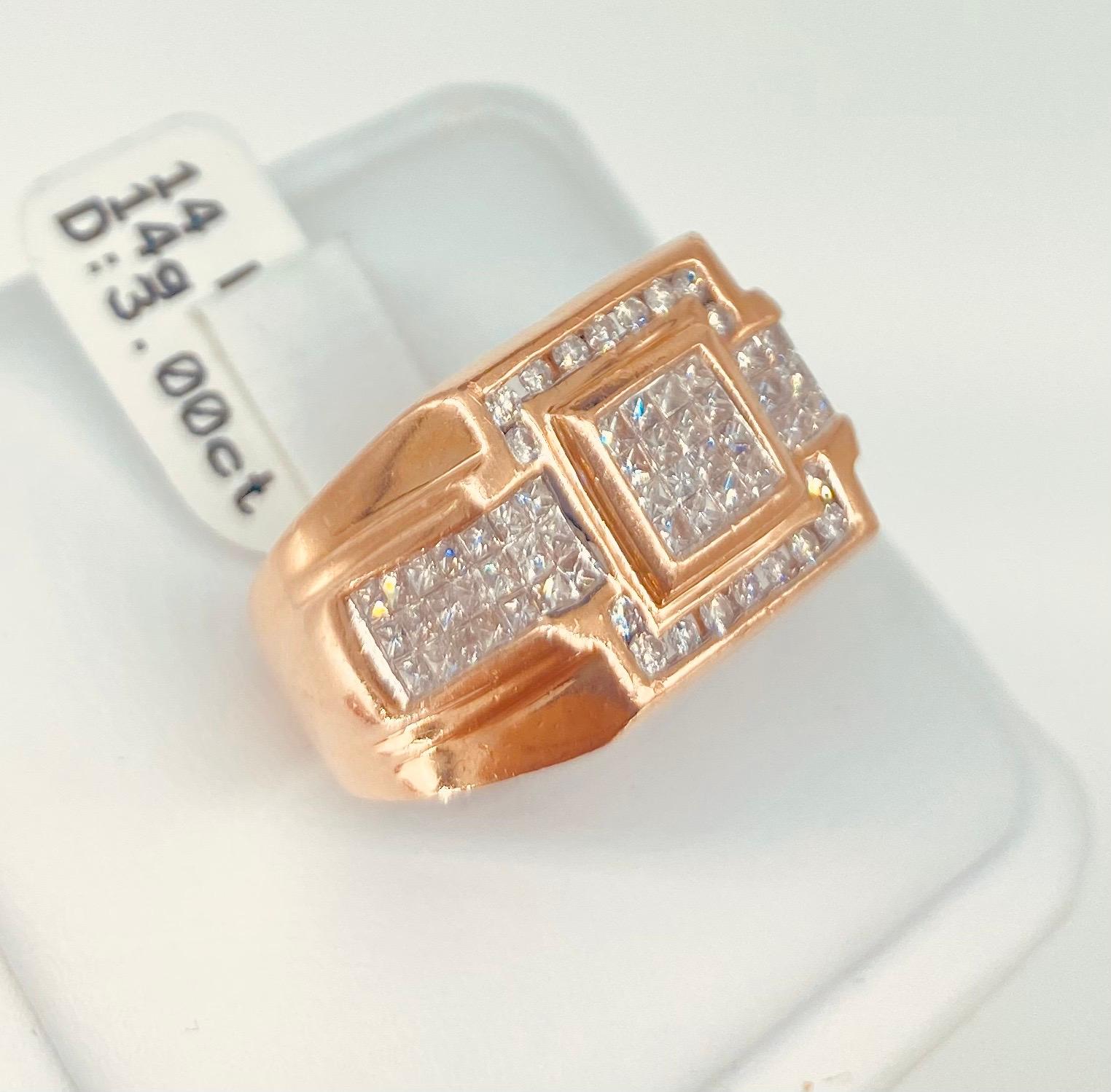 Men’s 3.00 Carat Diamonds Rose Gold Ring
Size: 8.5
Measures 14mm height
Diamonds total weight approx 3.00 carats 
There are princess cut diamonds as well as round diamonds throughout the ring.
Weights 14 grams Rose gold 14 karat
