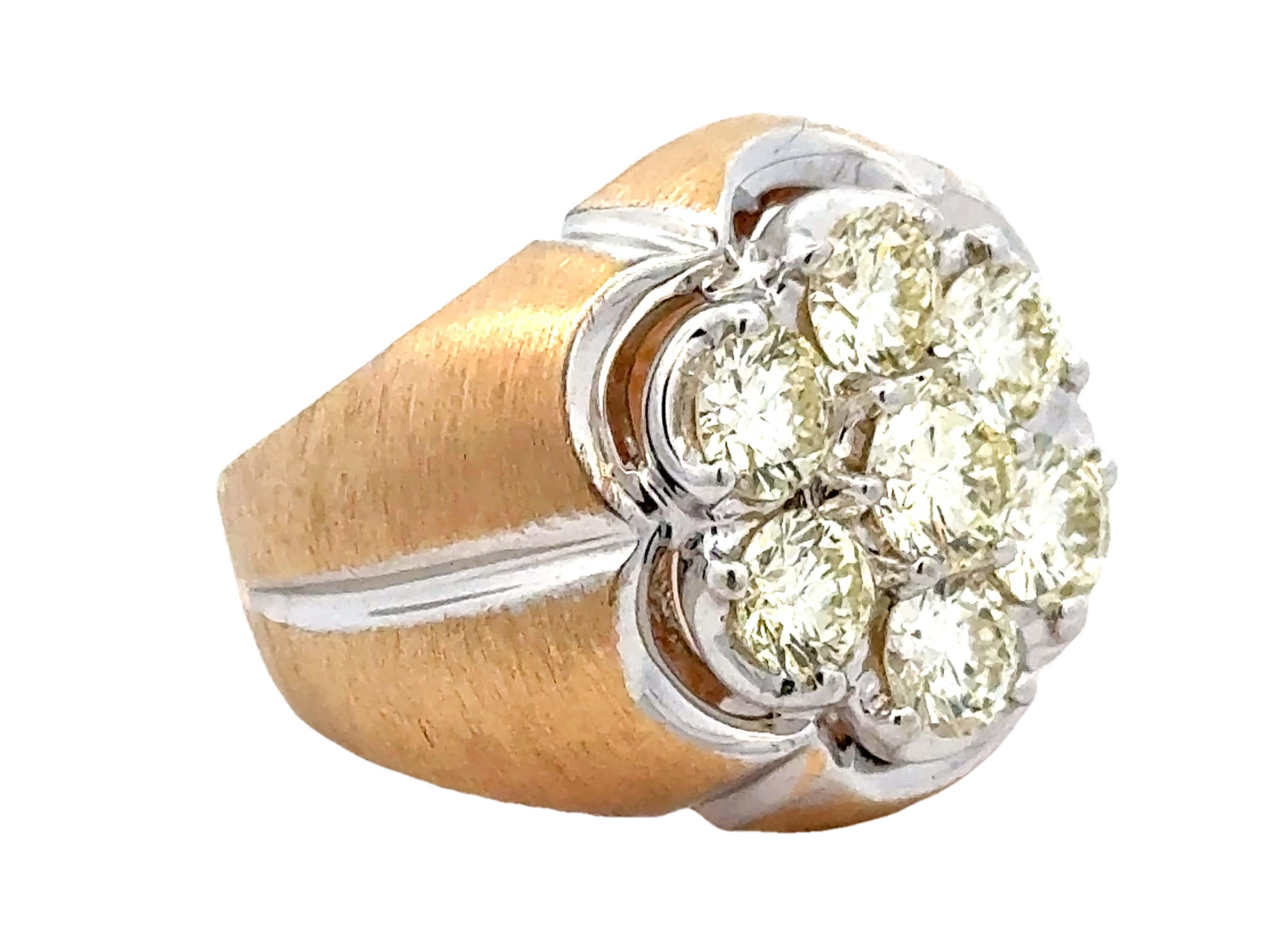 Modern Mens 3.50 Carat Diamond Cluster Brushed Satin 2 Toned Ring 14K Gold For Sale