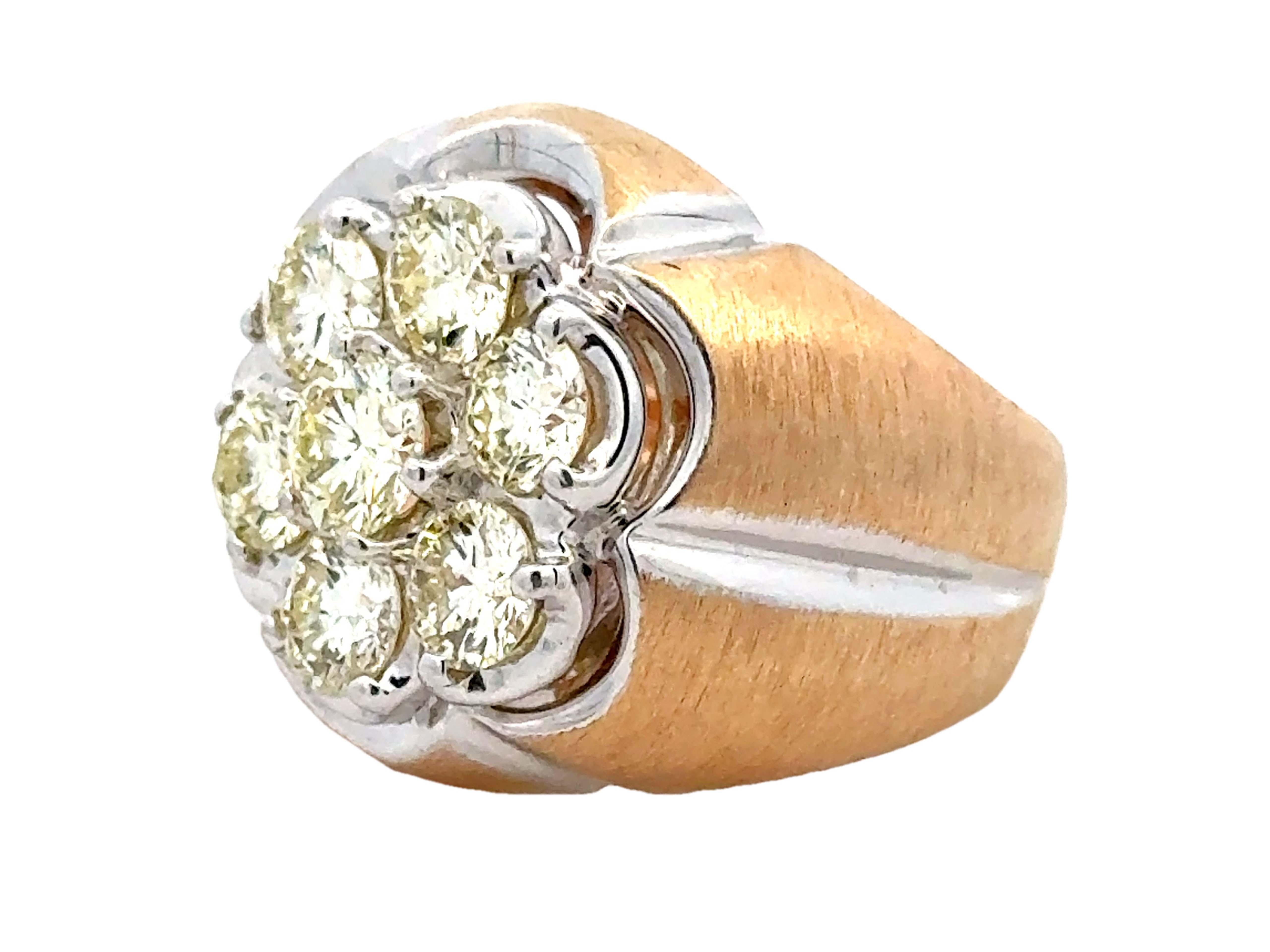 Brilliant Cut Mens 3.50 Carat Diamond Cluster Brushed Satin 2 Toned Ring 14K Gold For Sale