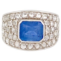 Men's 3.56 Carat Ceylon Sapphire Ring with Rose Cut Diamonds in 14k White Gold