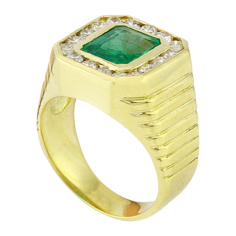 Men's 3.57 Carat Natural Emerald 18 Karat Solid Yellow Gold Diamond ...