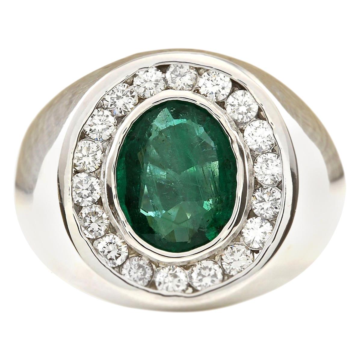 Men's Natural Emerald Diamond Ring In 14 Karat White Gold 