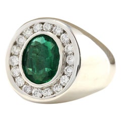 Men's Natural Emerald Diamond Ring In 14 Karat White Gold
