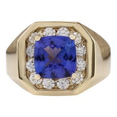 Bague pour homme en or jaune 14 carats, Tanzanite naturelle avec diamant 