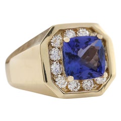 Men's Natural Tanzanite Diamond Ring In 14 Karat Yellow Gold