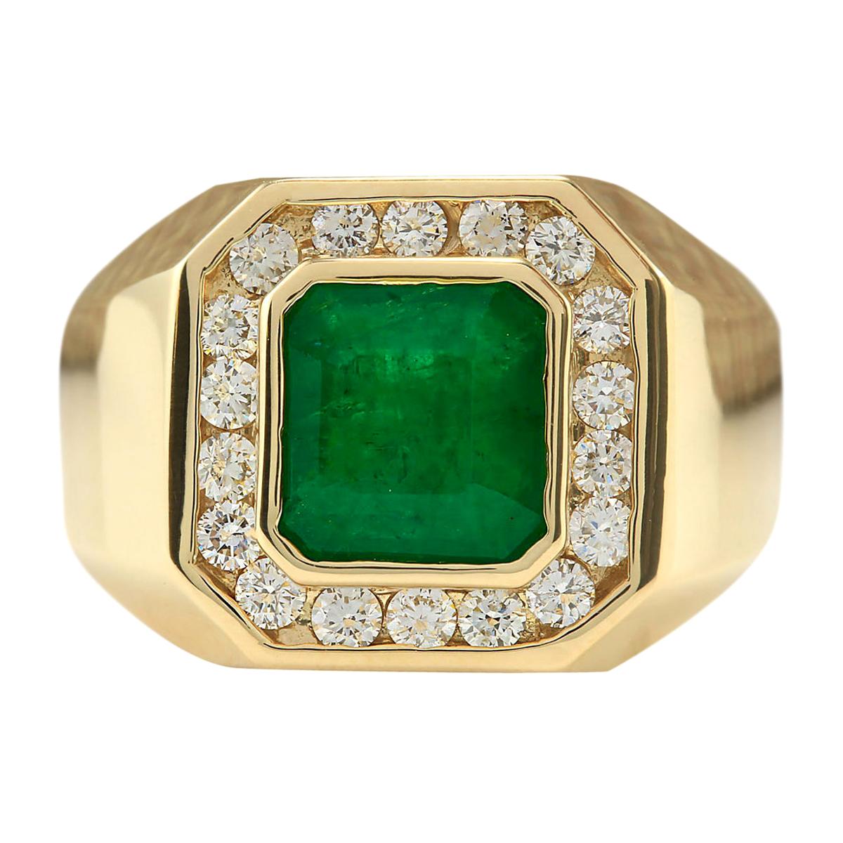 Men's Natural Emerald Diamond Ring In 14 Karat Yellow Gold  For Sale