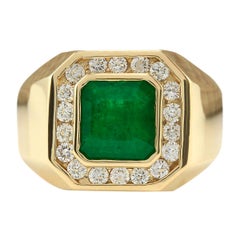 Men's Natural Emerald Diamond Ring In 14 Karat Yellow Gold