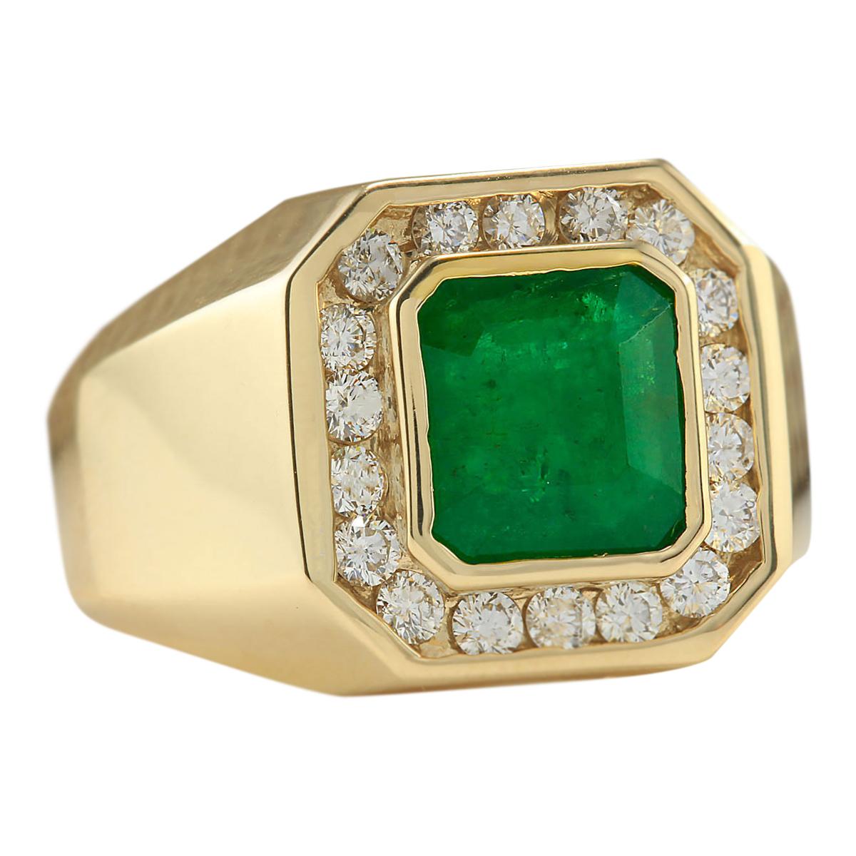 Indulge in timeless sophistication with this distinguished man's ring. Crafted in luxurious 14K yellow gold, the ring boasts a commanding 4.26 carat emerald as its centerpiece, measuring 10.00x10.00 mm. The emerald exudes a deep green hue, adding a