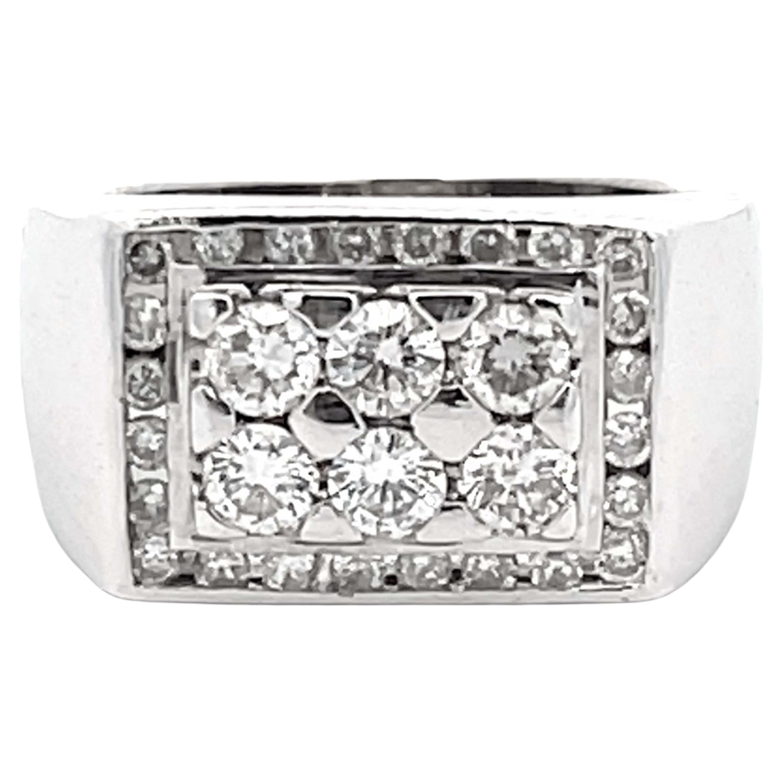 Mens 6 Diamond Center Ring with Square Diamond Halo in 18k White Gold For Sale