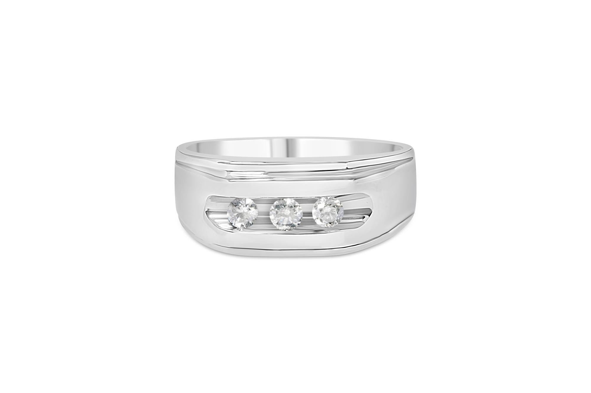 Round Cut Men's .925 Sterling Silver 1/3 Cttw Diamond Channel Set 3 Stone Ring Band For Sale