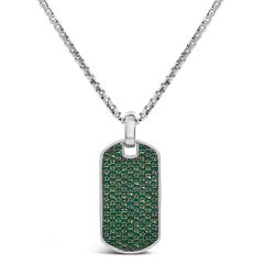 Men's .925 Sterling Silver Created Green Emerald Dog Tag Pendant Necklace