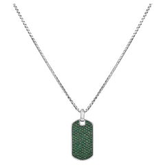 Men's .925 Sterling Silver Created Green Emerald Dog Tag Pendant Necklace
