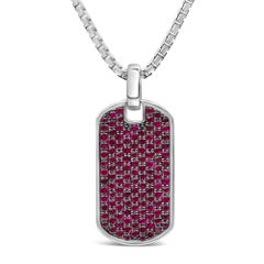 Men's .925 Sterling Silver Created Red Ruby Dog Tag Pendant Necklace