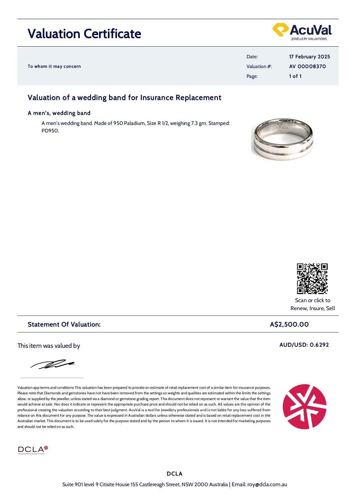 Men’s 950 Palladium Wedding Band 7.3g For Sale 3