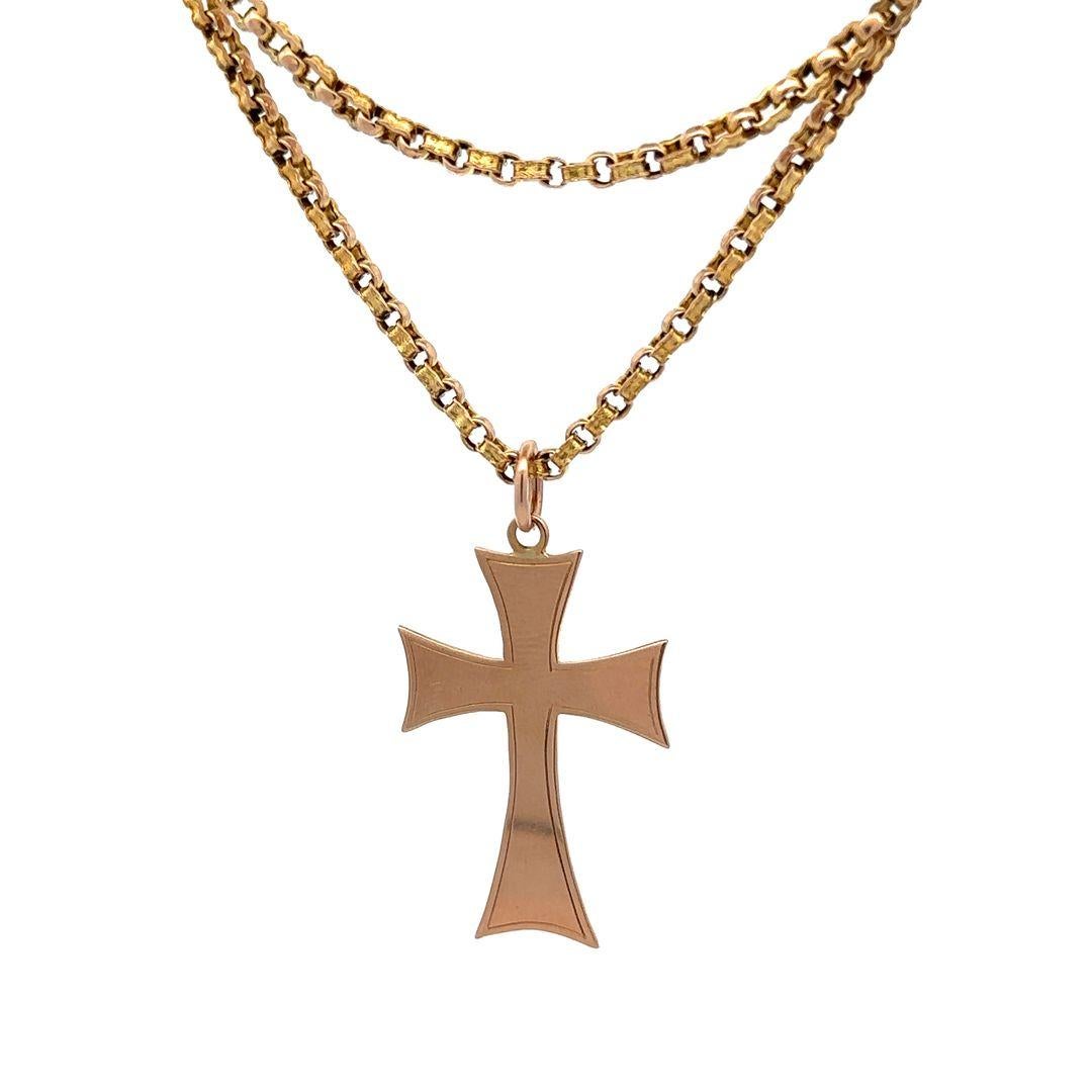 Men's 9k Rosy Yellow Gold Cross Pendant Victorian Antique Link Chain Necklace For Sale 1