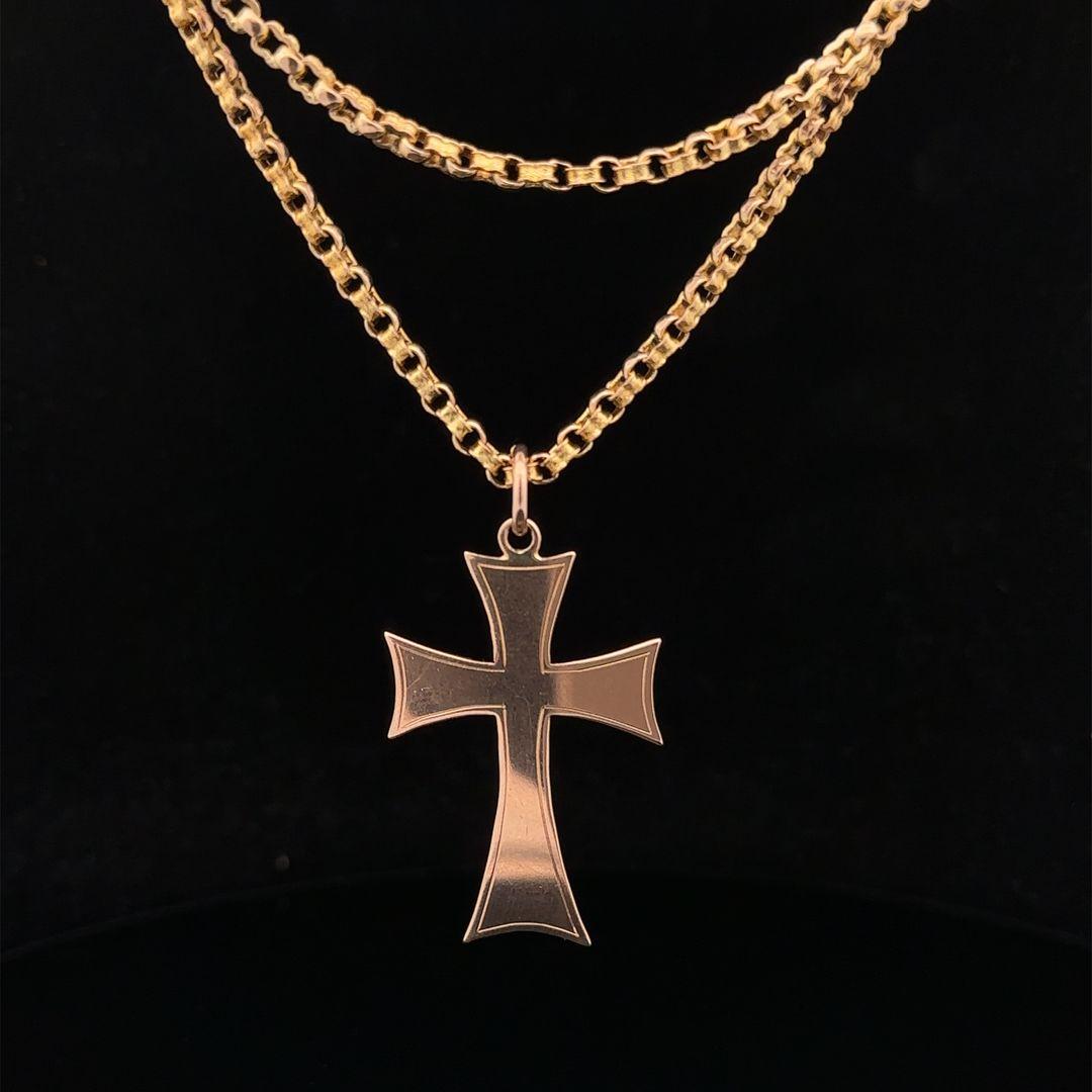 Men's 9k Rosy Yellow Gold Cross Pendant Victorian Antique Link Chain Necklace For Sale 2