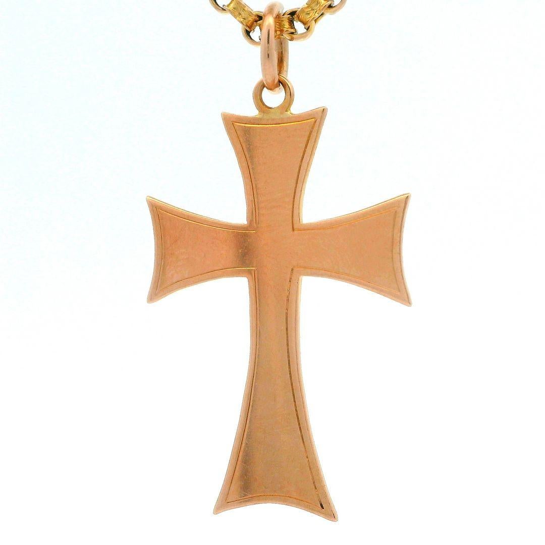 Men's 9k Rosy Yellow Gold Cross Pendant Victorian Antique Link Chain Necklace For Sale 4
