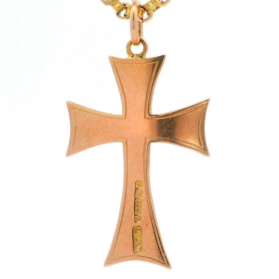 Men's 9k Rosy Yellow Gold Cross Pendant Victorian Antique Link Chain Necklace For Sale 5