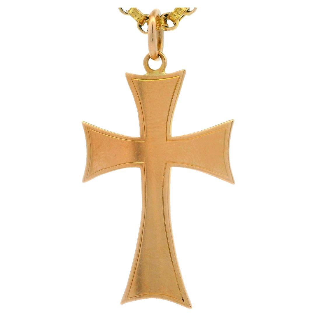 Men's 9k Rosy Yellow Gold Cross Pendant Victorian Antique Link Chain Necklace For Sale