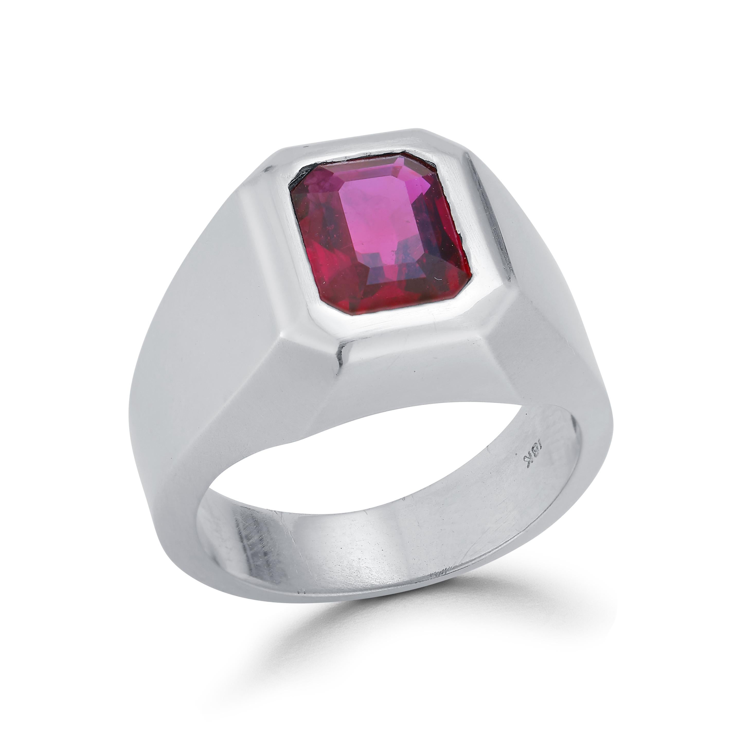 Men's Solitaire Ruby Ring, set in 18K matte White Gold
With AGL Certificate 
Ruby approximately 2 carats
Ring Size: 7.5
Resizable free of charge
