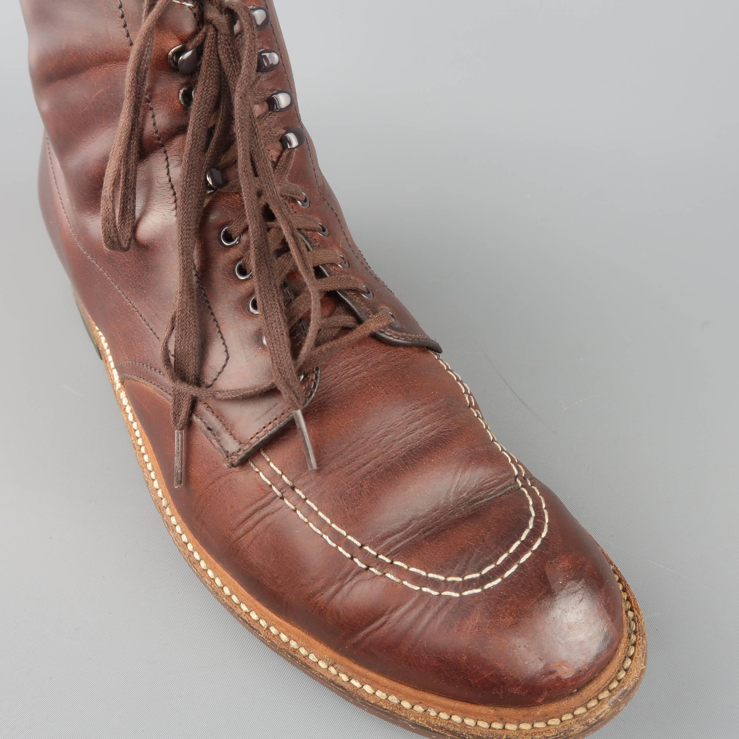 Men's ALDEN Size 10 Brown Contrast Stitch Leather Apron Toe Indy Boots 1